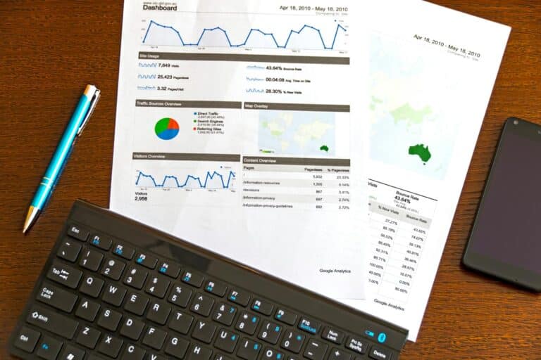 Flatlay of a business analytics report, keyboard, pen, and smartphone on a wooden desk. outsourced cfo